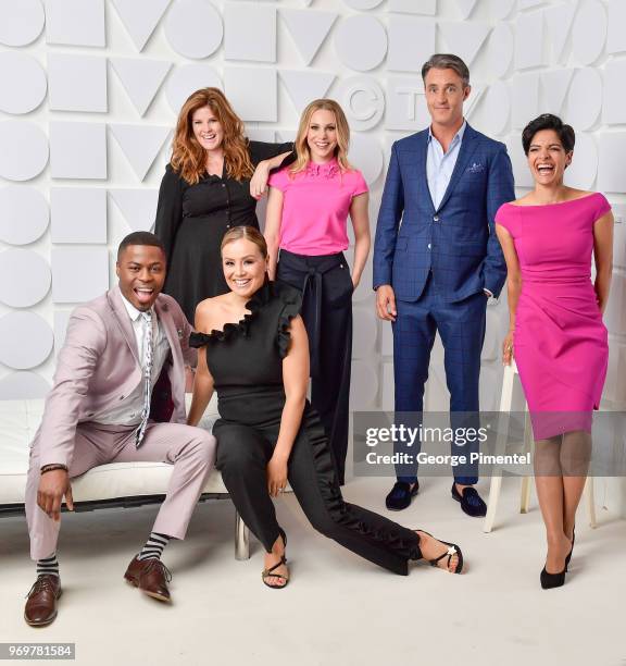 Brandon Gonez,Lindsey Deluce, Melissa Grelo, Kelsey McEwen, Ben Mulroney and Anne-Marie Mediwake pose at the CTV Upfronts portrait studio held at the...