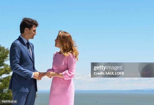 Prime Minister of Canada Justin Trudeau and his wife Sophie Gregoire Trudeau wait greet other leaders attendig the G7 in La Malbaie, Quebec, Canada,...