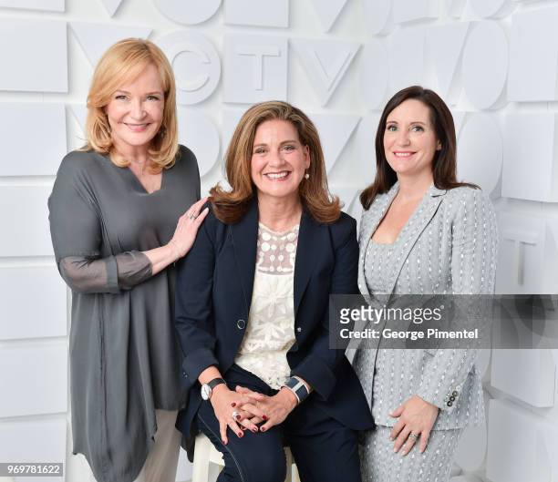 Marilyn Denis, Lisa LaFlamme and Amanda Lang pose at the CTV Upfronts portrait studio held at the Sony Centre For Performing Arts on June 7, 2018 in...