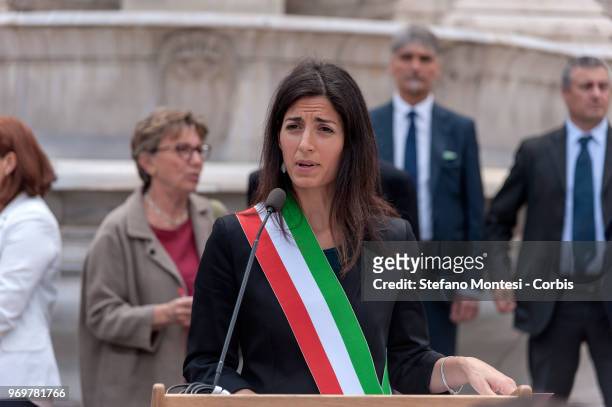 Virginia Raggi Mayor of Rome during the ceremony for the exhibition of photography in Piazza del Campidoglio depicting Mireille Knoll, of Jewish...