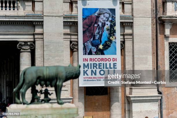 The ceremony for the exhibition of photography in Piazza del Campidoglio depicting Mireille Knoll, of Jewish religion who as a child had escaped the...