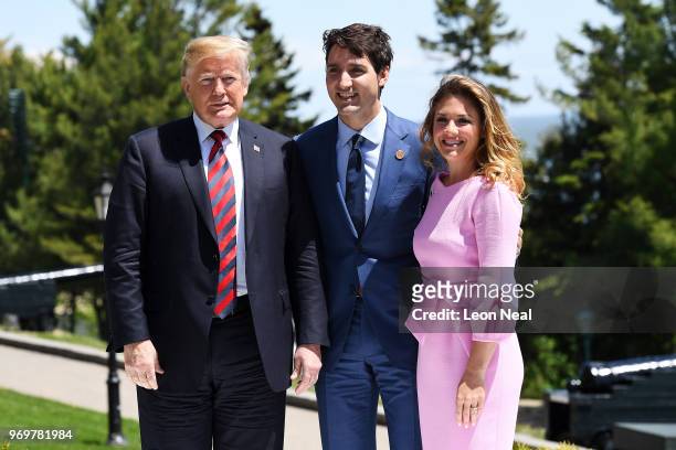 Prime Minister of Canada Justin Trudeau and wife Sophie Gregoire greet U.S. President Donald Trump during the G7 official welcome at Le Manoir...