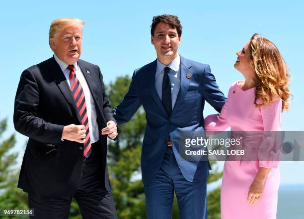 President Donald Trump poses for a photo with Canadian Prime Minister Justin Trudeau and his wife Sophie Gregoire Trudeau during the G7 Summit in La...