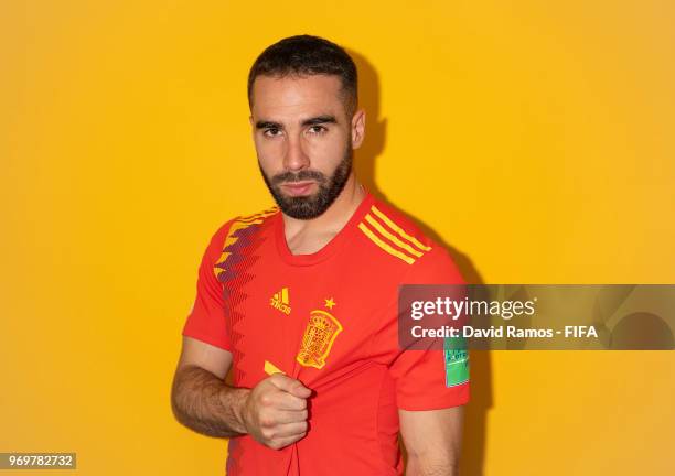 Daniel Carvajal of Spain poses for a portrait during the official FIFA World Cup 2018 portrait session at FC Krasnodar Academy on June 8, 2018 in...