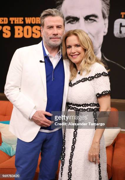 John Travolta and Kelly Preston are seen on the set of "Despierta America" at Univision Studios to promote the film "GOTTI" on June 8, 2018 in Miami,...