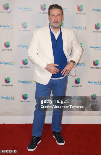 John Travolta is seen on the set of "Despierta America" at Univision Studios to promote the film "GOTTI" on June 8, 2018 in Miami, Florida.