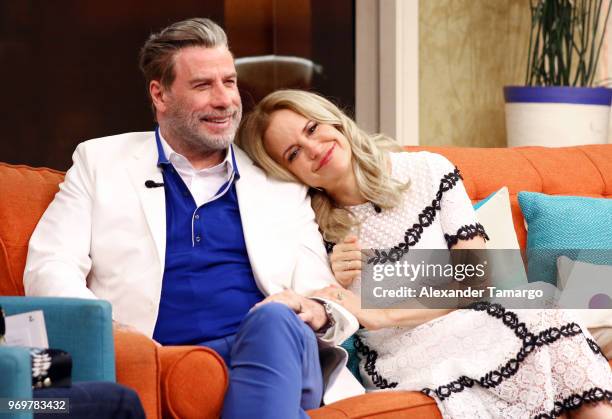 John Travolta and Kelly Preston are seen on the set of "Despierta America" at Univision Studios to promote the film "GOTTI" on June 8, 2018 in Miami,...