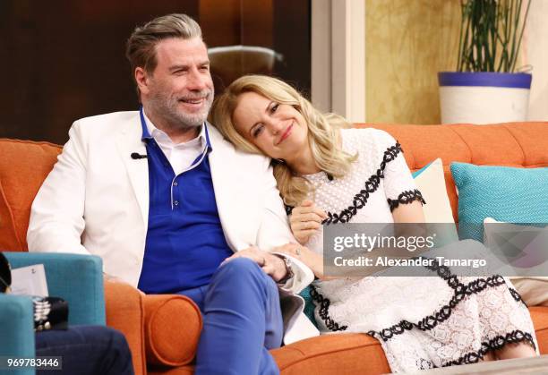 John Travolta and Kelly Preston are seen on the set of "Despierta America" at Univision Studios to promote the film "GOTTI" on June 8, 2018 in Miami,...