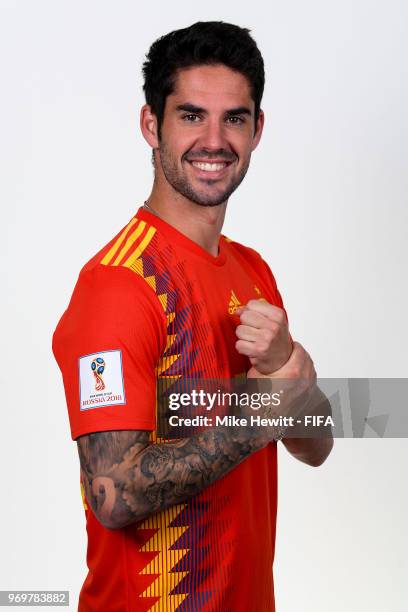 Isco of Spain poses for a portrait during the official FIFA World Cup 2018 portrait session at FC Krasnodar Academy on June 8, 2018 in Krasnodar,...