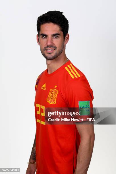 Isco of Spain poses for a portrait during the official FIFA World Cup 2018 portrait session at FC Krasnodar Academy on June 8, 2018 in Krasnodar,...