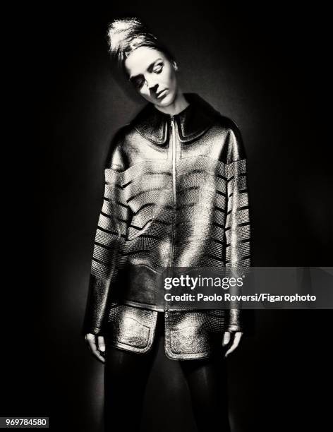 Model Mariacarla Boscono poses at a fashion shoot for Madame Figaro on October 13, 2017 in Paris, France. Clothing by Azzedine Alaia Couture....