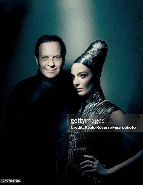 Fashion designer Azzedine Alaia and model Mariacarla Boscono pose at a fashion shoot for Madame Figaro on October 13, 2017 in Paris, France. Clothing...