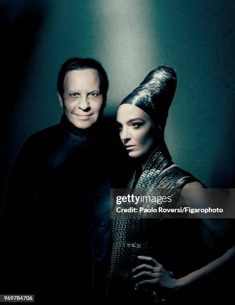 Fashion designer Azzedine Alaia and model Mariacarla Boscono pose at a fashion shoot for Madame Figaro on October 13, 2017 in Paris, France. Clothing...