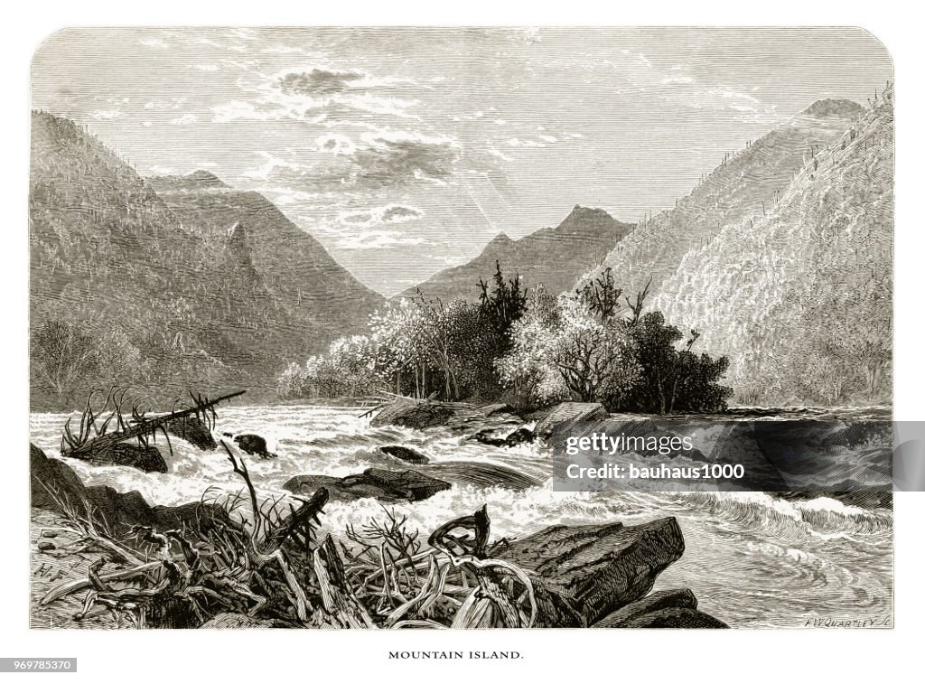 Mountain Island, French Broad River, North Carolina, United States, American Victorian Engraving, 1872