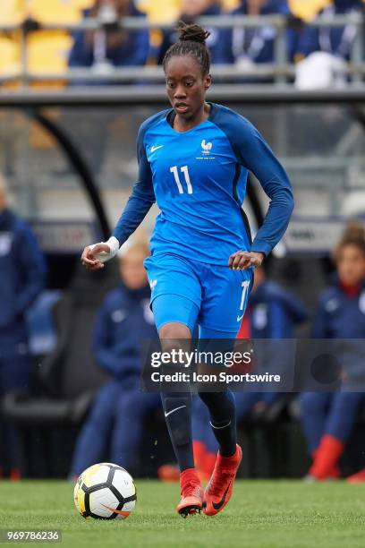 France forward Ouleymata Sarr dribbles the ball during the first half of the SheBelieves Cup match between England and France on March 01, 2018 at...