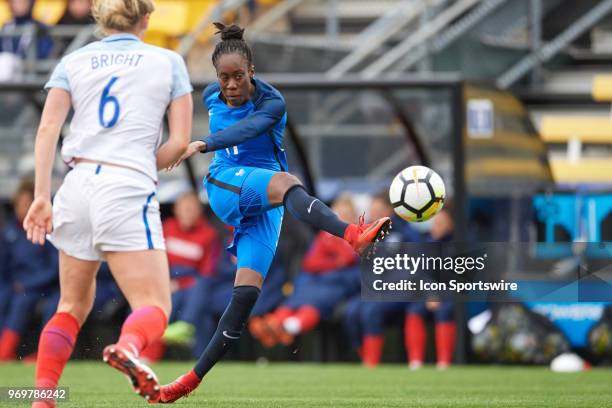 France forward Ouleymata Sarr shoots the ball during the first half of the SheBelieves Cup match between England and France on March 01, 2018 at...