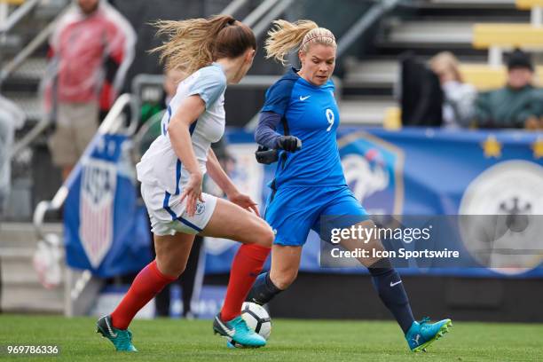 France forward Eugenie Le Sommer dribbles the ball during the SheBelieves Cup match between England and France on March 01, 2018 at Mapfre Stadium in...
