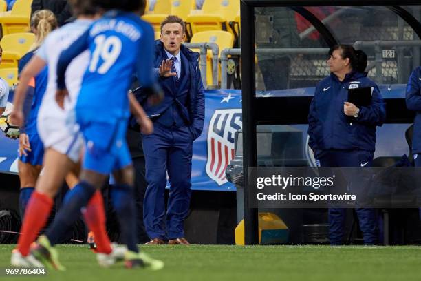 England head coach Phil Neville instructs from the sidelines during the SheBelieves Cup match between England and France on March 01, 2018 at Mapfre...