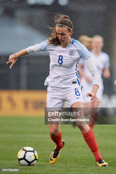 England midfielder Jill Scott dribbles the ball during the SheBelieves Cup match between England and France on March 01, 2018 at Mapfre Stadium in...