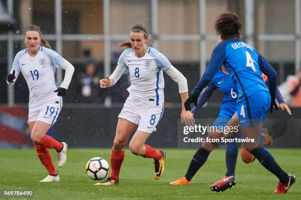 England midfielder Jill Scott dribbles the ball during the SheBelieves Cup match between England and France on March 01, 2018 at Mapfre Stadium in...