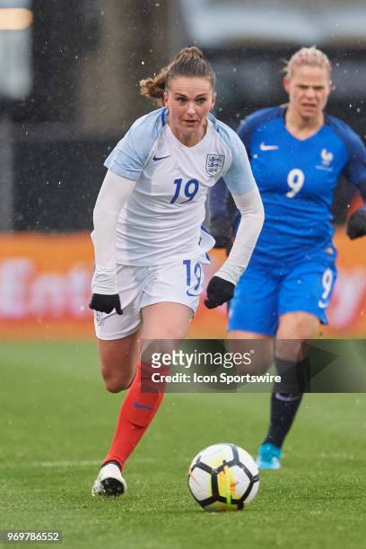 England forward Mel Lawley dribbles the ball during the SheBelieves Cup match between England and France on March 01, 2018 at Mapfre Stadium in...