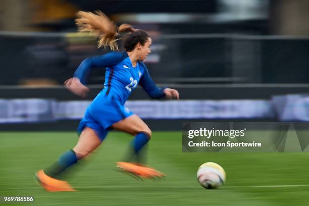 France defender Sakina Karchaoui dribbles the ball during the SheBelieves Cup match between England and France on March 01, 2018 at Mapfre Stadium in...