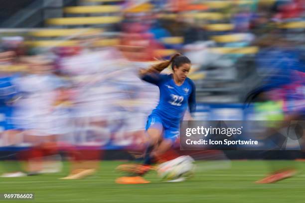 France defender Sakina Karchaoui dribbles the ball during the SheBelieves Cup match between England and France on March 01, 2018 at Mapfre Stadium in...