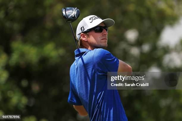 Richy Werenski plays his shot from the 18th tee during the second round of the FedEx St. Jude Classic at at TPC Southwind on June 8, 2018 in Memphis,...
