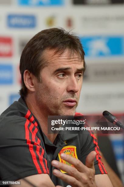 Spain national football team coach Julen Lopetegui speaks during a press conference at Krasnodar's stadium on June 8, 2018 on the eve of the...