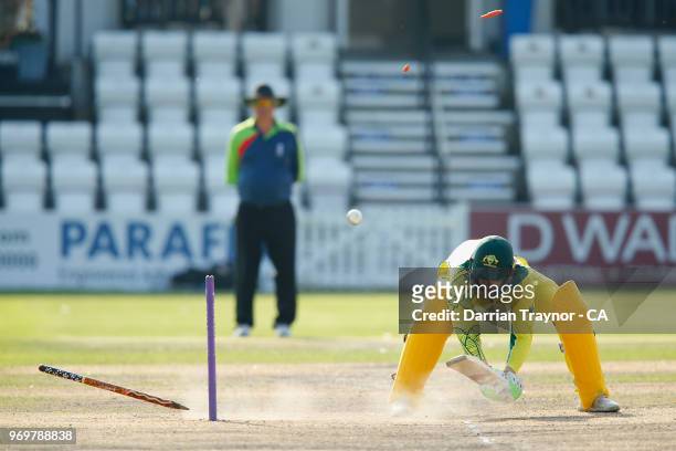 Rex Strickland of The Australian Indigenous Men's cricket team is bowled during a match against Sussex at Hove on June 8 United Kingdom. This year...