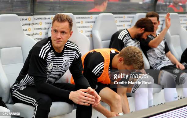 Marc Andre ter Stegen of Germany looks on before the International Friendly match between Germany and Saudi Arabia at BayArena on June 8, 2018 in...
