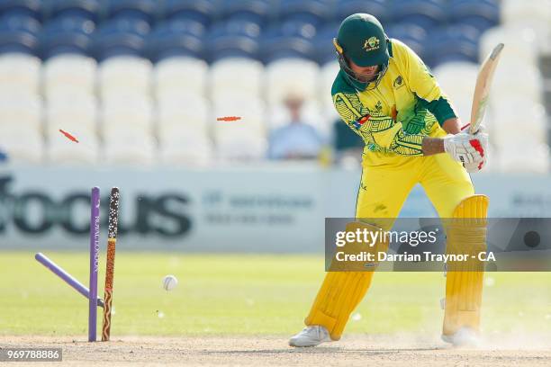 Brynley Richards of The Australian Indigenous Men's cricket team is bowled during a match against Sussex at Hove on June 8 United Kingdom. This year...