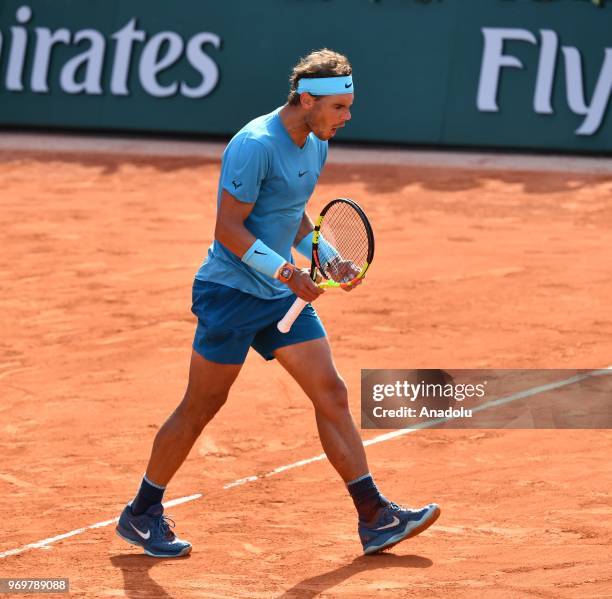 Rafael Nadal of Spain celebrates his victory against Juan Martin del Potro of Argentina during their semifinal match at the French Open tennis...
