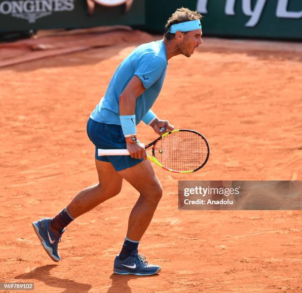 Rafael Nadal of Spain celebrates his victory against Juan Martin del Potro of Argentina during their semifinal match at the French Open tennis...