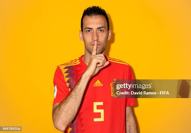 Sergio Busquets of Spain poses during the official FIFA World Cup 2018 portrait session at FC Krasnodar Academy on June 8, 2018 in Krasnodar, Russia.