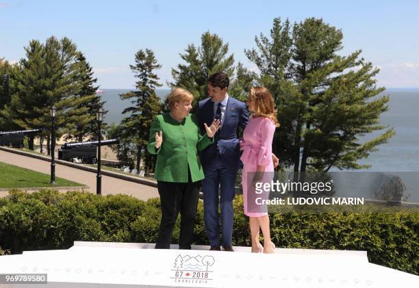 Prime Minister of Canada Justin Trudeau and his wife Sophie Gregoire Trudeau welcome German Chancellor Angela Merkel in La Malbaie, Quebec, Canada,...