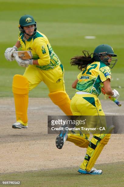 Jemma Astley and Dharmini Chauhan of The Australian Indigenous Women's cricket team bat during a match against Sussex at Hove on June 8 United...