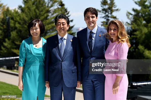 Prime Minister of Japan Shinzo Abe and wife Akie Abe pose with Prime Minister of Canada Justin Trudeau and wife Sophie Gregoire during the G7...