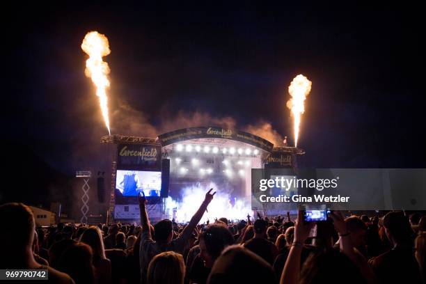 Australian singer Winston McCall of Parkway Drive performs live on stage during Day 1 of the Greenfield Festival on June 7, 2018 in Interlaken,...