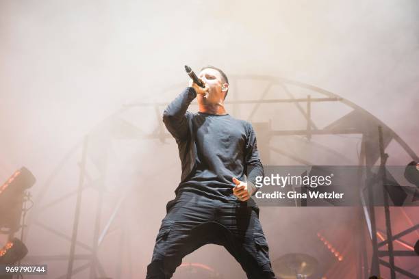 Australian singer Winston McCall of Parkway Drive performs live on stage during Day 1 of the Greenfield Festival on June 7, 2018 in Interlaken,...