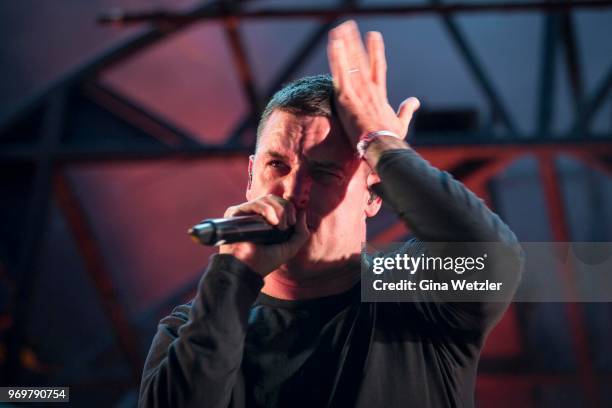 Australian singer Winston McCall of Parkway Drive performs live on stage during Day 1 of the Greenfield Festival on June 7, 2018 in Interlaken,...