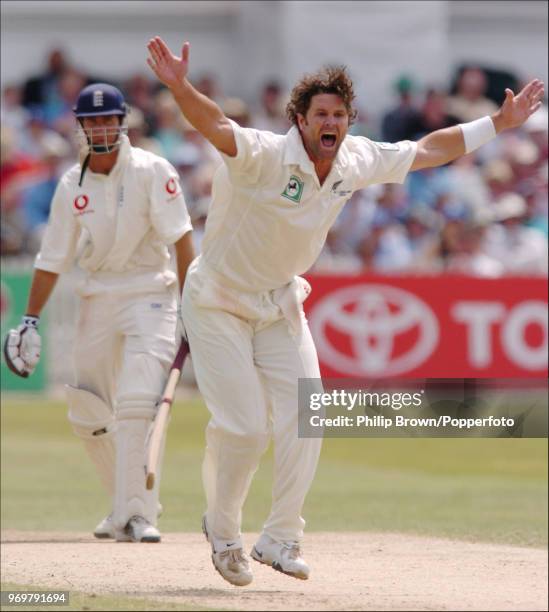 Chris Cairns of New Zealand appeals successfully for the wicket of England captain Michael Vaughan, LBW for 10 runs in the 3rd Test match between...