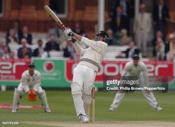Jacob Oram of New Zealand hits out during his innings of 67 runs in the 1st Test match between England and New Zealand at Lord's Cricket Ground,...
