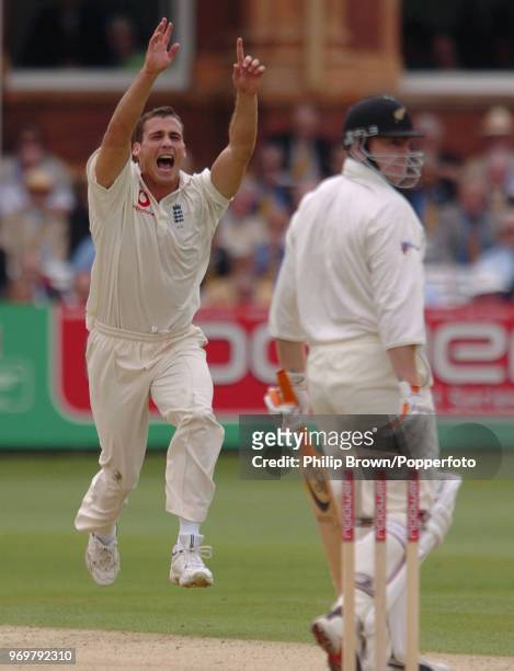 Simon Jones of England celebrates after dismissing Scott Styris of New Zealand for 0 during the 1st Test match between England and New Zealand at...