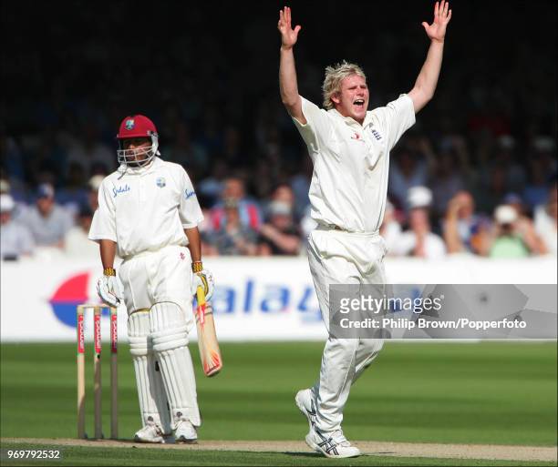 Matthew Hoggard of England appeals successfully for the wicket of Ramnaresh Sarwan of West indies, LBW for 1 run, in the 1st Test match between...