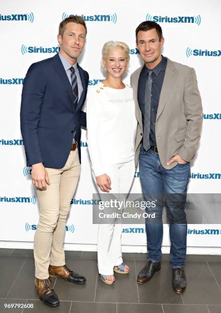 Personalities Gage Edward, Dorinda Medley and Jeff Lewis visit the SiriusXM Studios on June 8, 2018 in New York City.