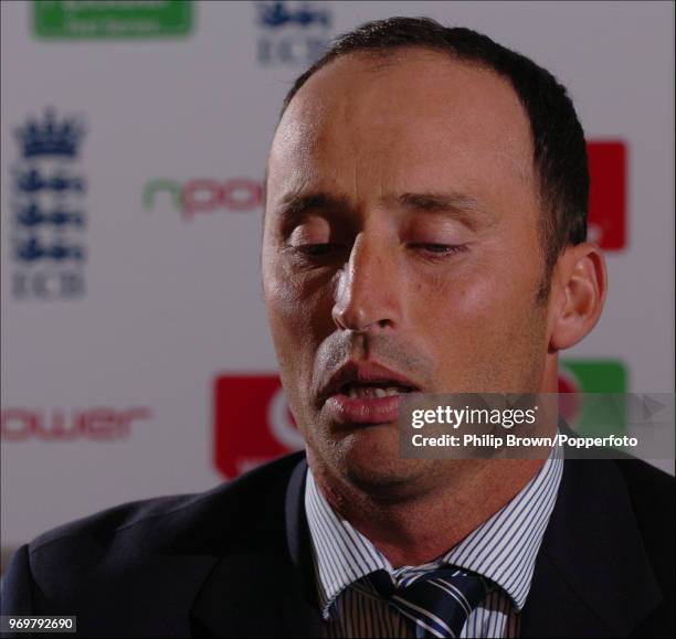 An emotional Nasser Hussain, the former England captain, announces his retirement from cricket during a press conference in the ECB offices at Lord's...