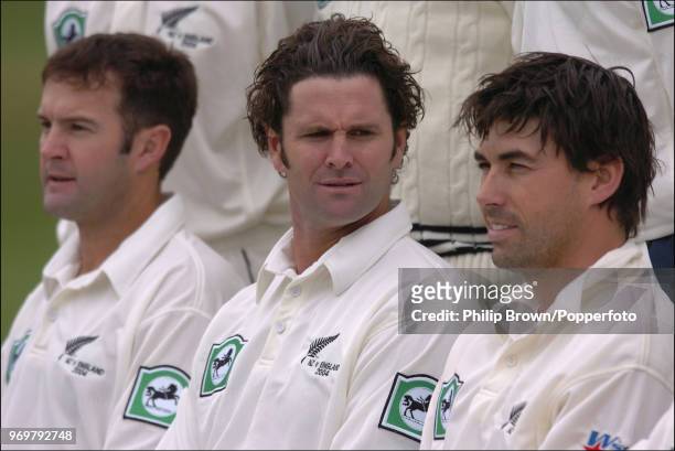 Nathan Astle, Chris Cairns and Stephen Fleming line up for the New Zealand team photo before the tour match between a PCA Masters XI and the New...