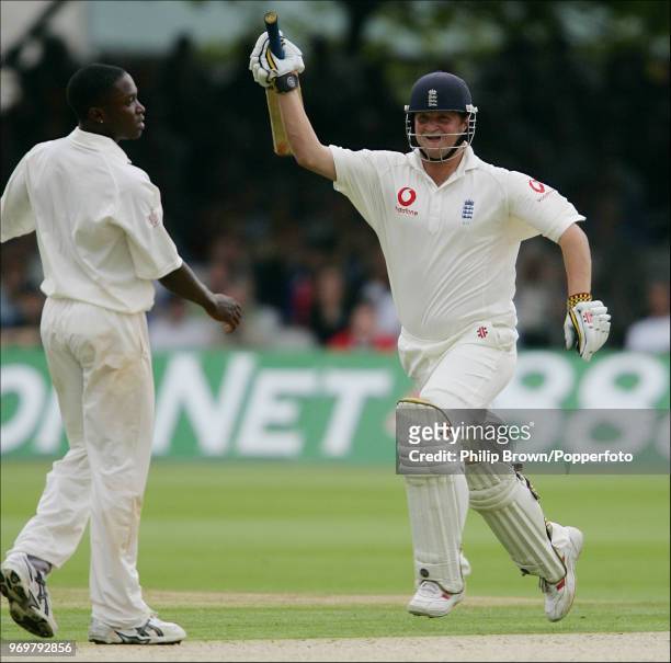 England batsman Robert Key celebrates reaching his maiden Test century during his innings of 221 in the 1st Test match between England and West...