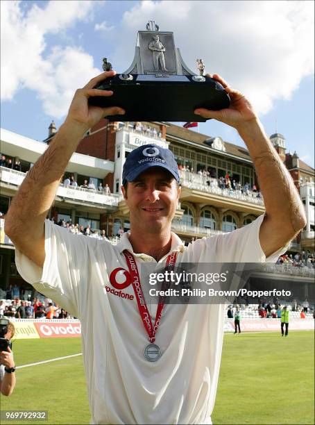 England captain Michael Vaughan with the Wisden Trophy after the 4th Test match between England and West Indies at The Oval, London, 21st August...